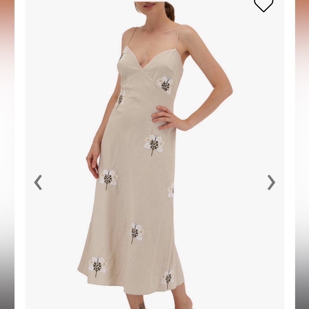 Sachin + Babi Beige Slip Midi Dress with White Floral Embroidery